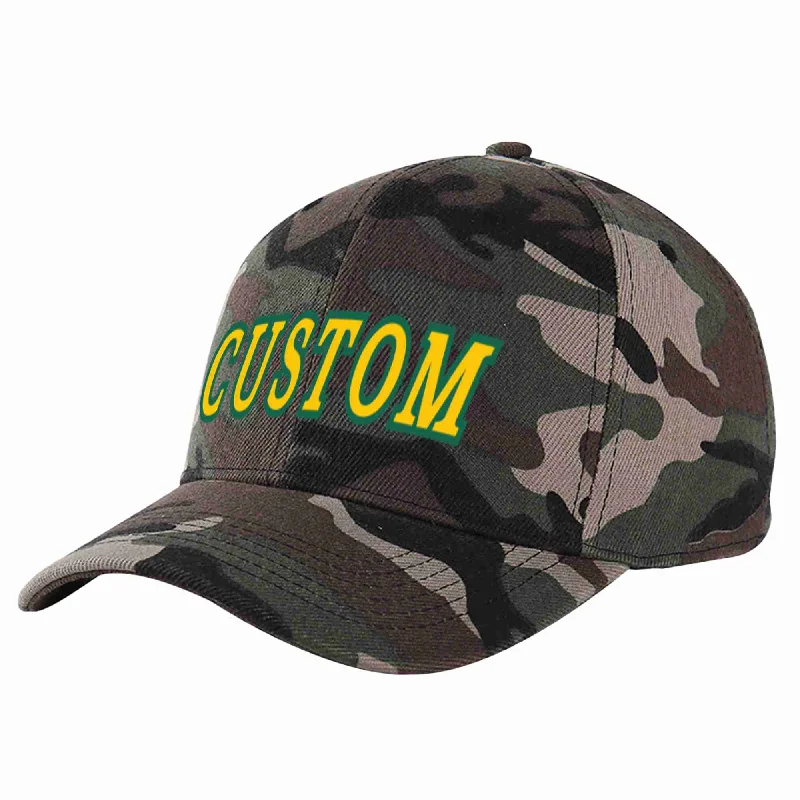 Mesh Baseball Cap-Custom Camo Gold-Kelly Green Curved Eaves Sport Baseball Cap Design for Men/Women/Youth