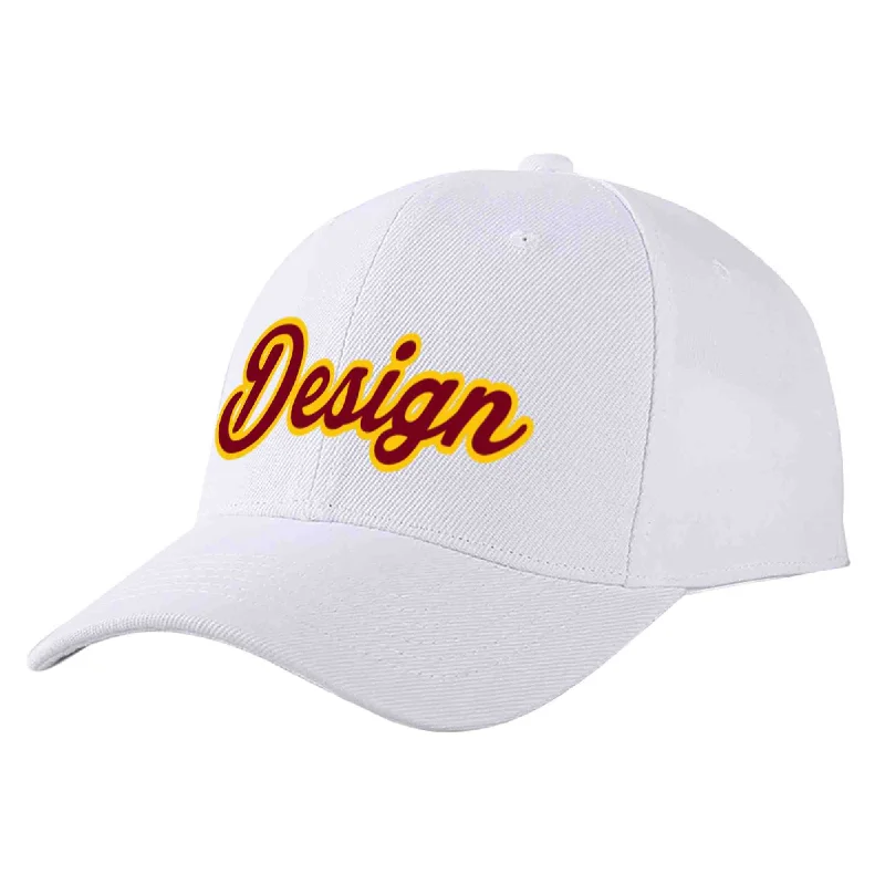 Breathable Baseball Cap-Custom White Crimson-Yellow Curved Eaves Sport Design Baseball Cap