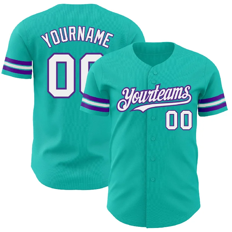 Authentic Baseball Jersey-Custom Aqua White-Purple Authentic Baseball Jersey