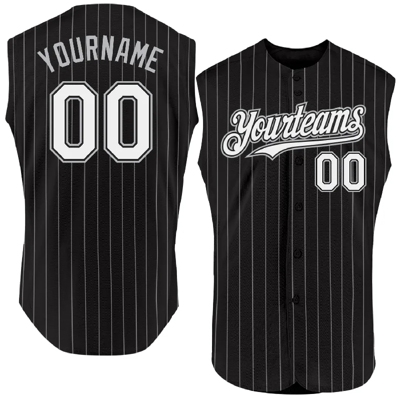 Championship Run Baseball Jersey-Custom Black White Pinstripe Light Blue Authentic Sleeveless Baseball Jersey