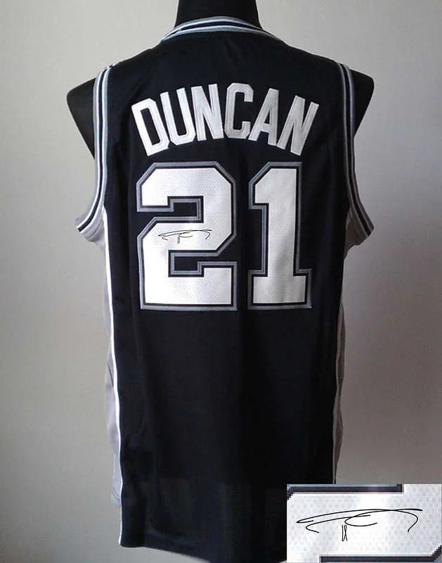 Silver Basketball Jersey-Spurs 21 Duncan Black Signature Edition Basketball Jerseys