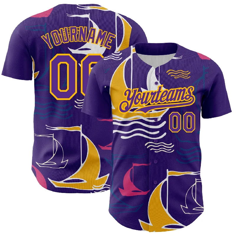 Replica Team Baseball Jersey-Custom Purple Gold 3D Pattern Design Sailing Boats Authentic Baseball Jersey