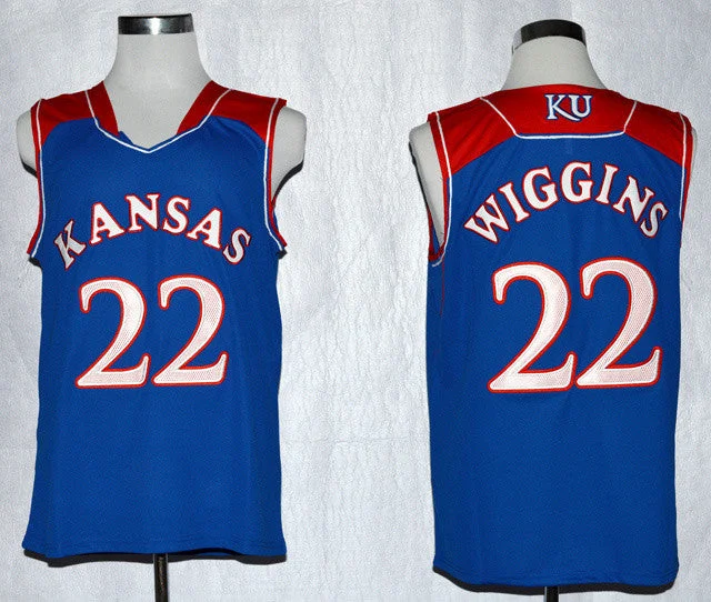 Blue Basketball Jersey-Kansas Jayhawks 22 Andrew Wiggins Blue College Basketball Jersey