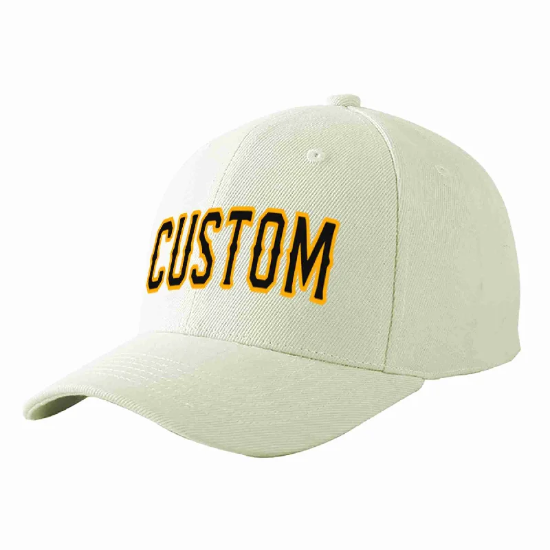 University Baseball Cap-Custom Cream Black-Yellow Curved Eaves Sport Baseball Cap Design for Men/Women/Youth