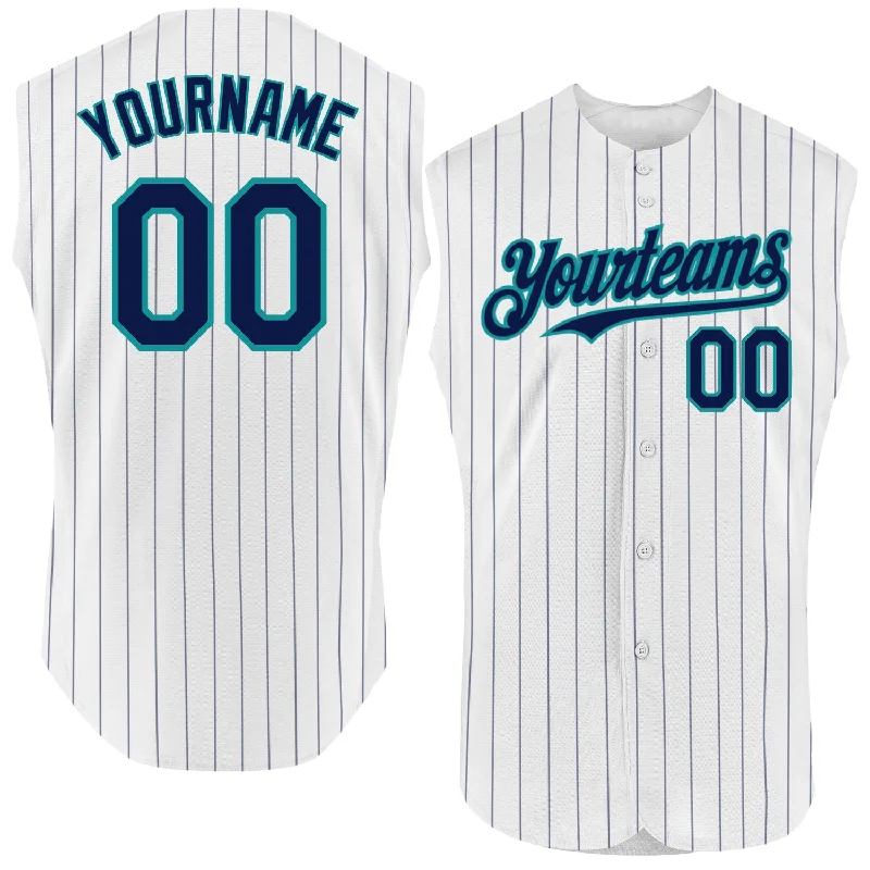 Fan Edition Baseball Jersey-Custom White Navy Pinstripe Neon Green Authentic Sleeveless Baseball Jersey