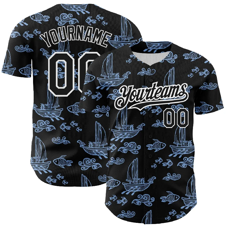 Baseball Trivia Jersey-Custom Black White-Light Blue 3D Pattern Design Boats And Fish Authentic Baseball Jersey