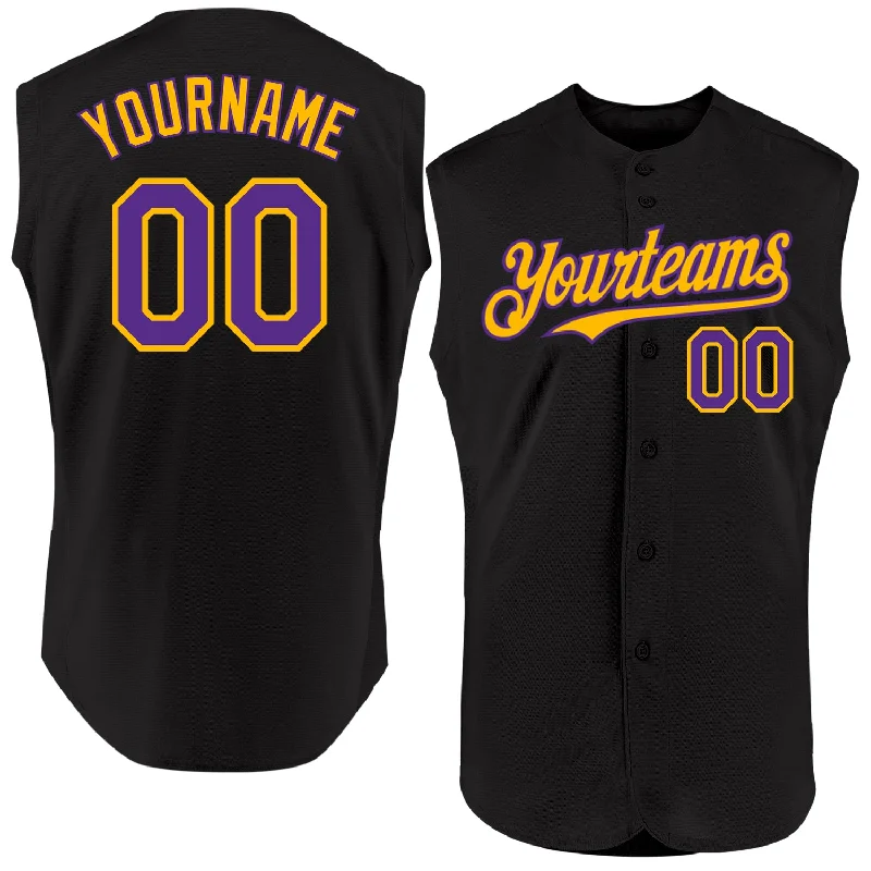 Quick-Dry Baseball Jersey-Custom Black Purple-Gold Authentic Sleeveless Baseball Jersey