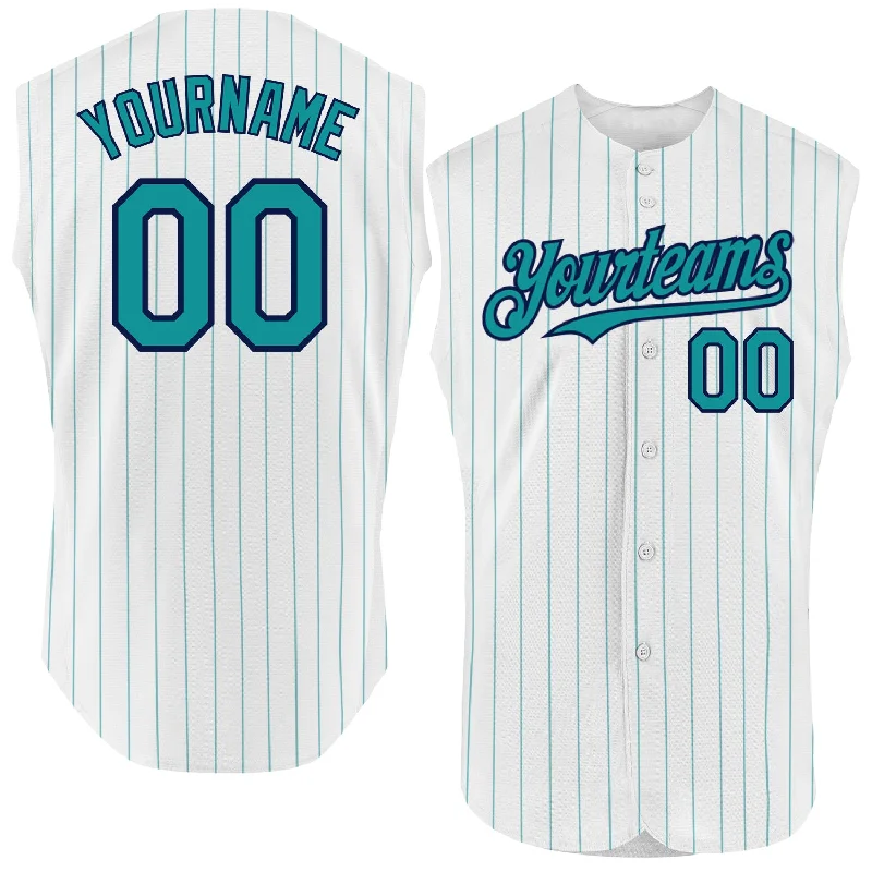 Slim Fit Baseball Jersey-Custom White Teal Pinstripe Pink Authentic Sleeveless Baseball Jersey