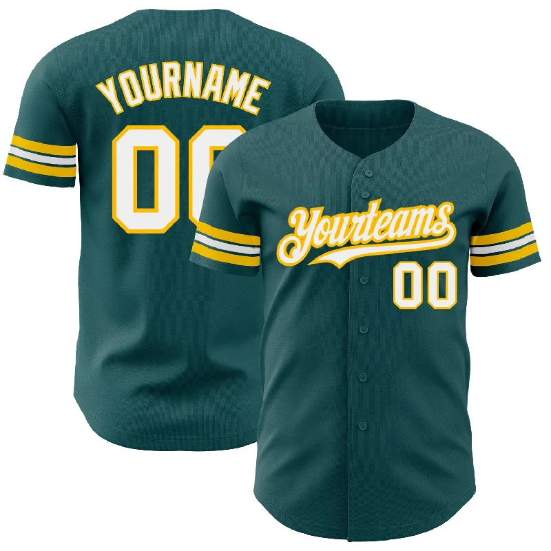 Women's Baseball Jersey-Custom Midnight Green White-Gold Authentic Baseball Jersey