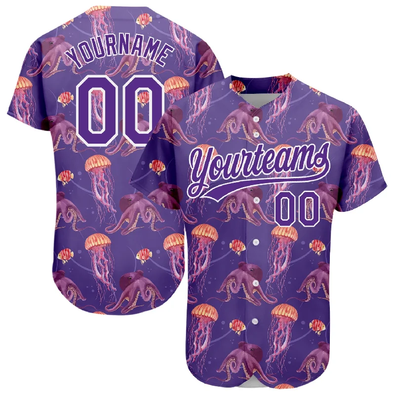 Green Baseball Jersey-Custom Purple White 3D Pattern Design Jellyfish And Octopus Authentic Baseball Jersey