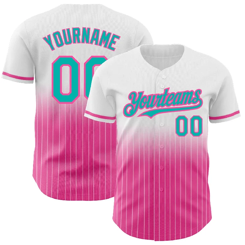 Printed Baseball Jersey-Custom White Pinstripe Aqua-Pink Authentic Fade Fashion Baseball Jersey