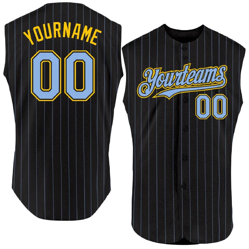 Sibling Baseball Jersey-Custom Black Light Blue Pinstripe Yellow Authentic Sleeveless Baseball Jersey