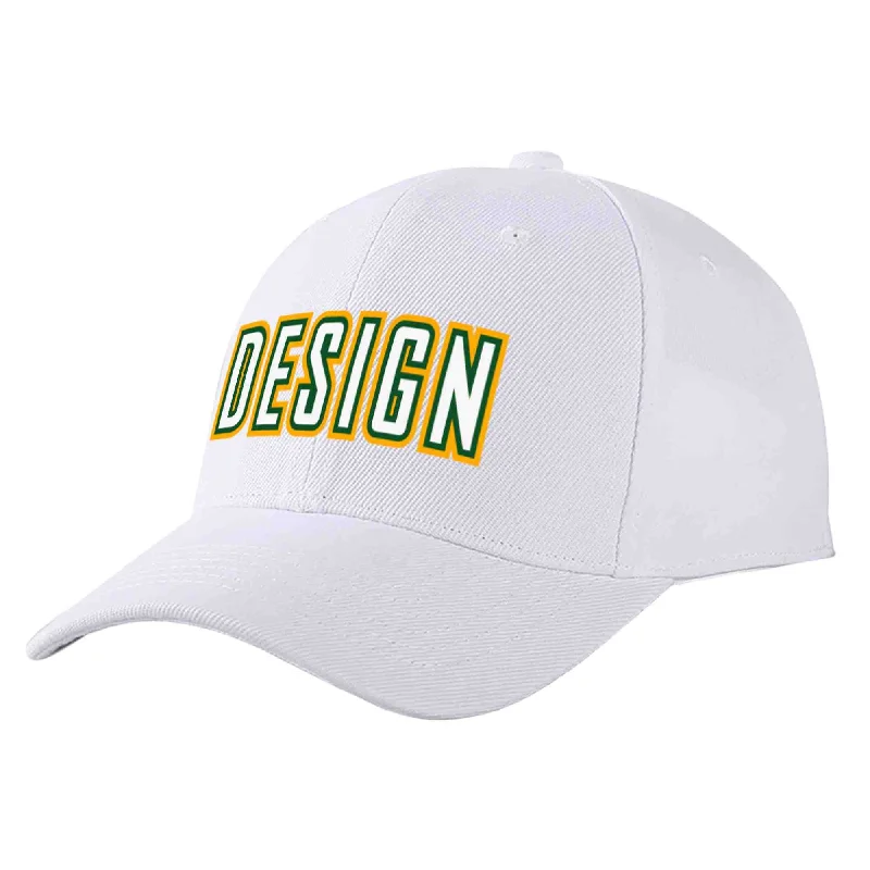 Flat Brim Baseball Cap-Custom White White-Kelly Green Curved Eaves Sport Design Baseball Cap