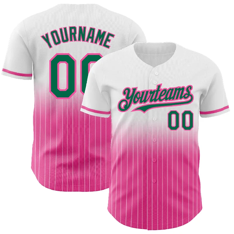 Women's Baseball Jersey-Custom White Pinstripe Kelly Green-Pink Authentic Fade Fashion Baseball Jersey