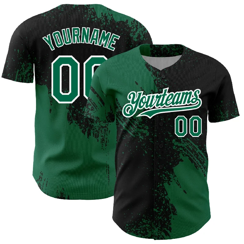 Retro Baseball Jersey-Custom Black Kelly Green-White 3D Pattern Design Abstract Brush Stroke Authentic Baseball Jersey