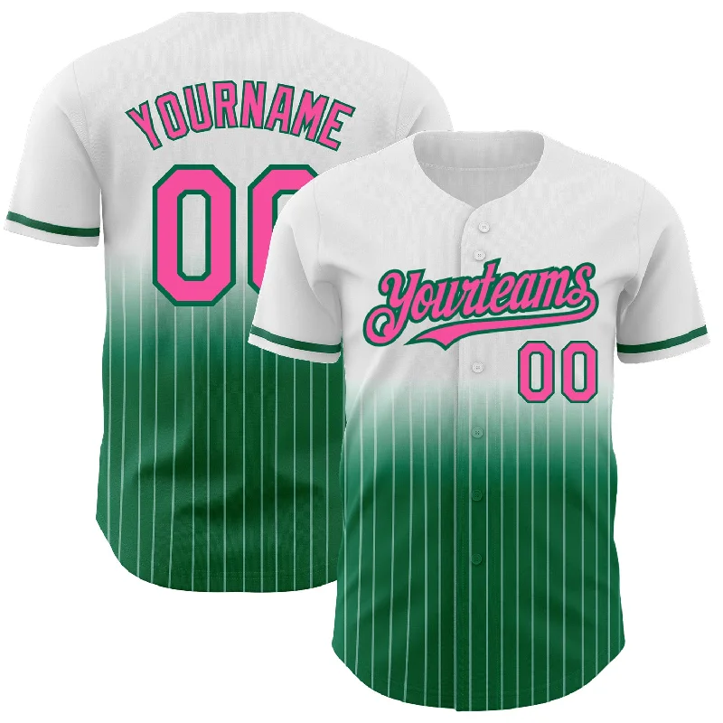 Softball Baseball Jersey-Custom White Pinstripe Pink-Kelly Green Authentic Fade Fashion Baseball Jersey