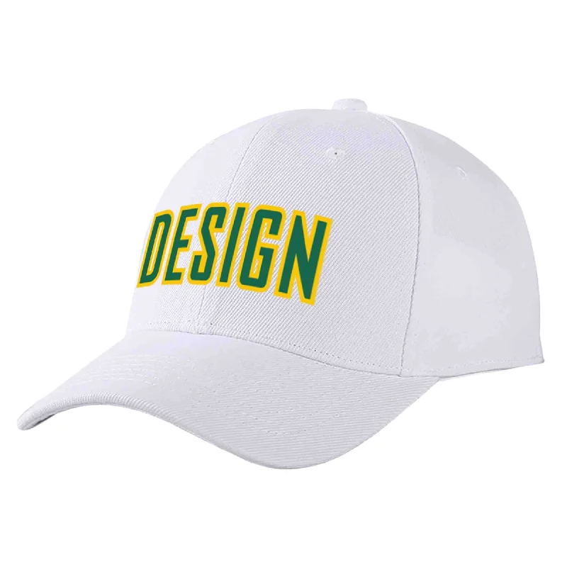 Breathable Baseball Cap-Custom White Kelly Green-Yellow Curved Eaves Sport Design Baseball Cap