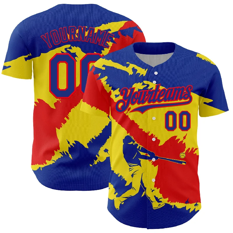 Striped Baseball Jersey-Custom Royal Fire Red-Light Yellow 3D Ecuador Ecuadorian Flag Authentic Baseball Jersey