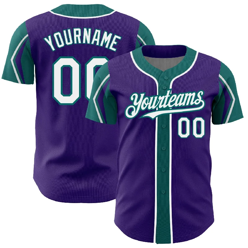 Parent-Child Baseball Jersey-Custom Purple White-Teal 3 Colors Arm Shapes Authentic Baseball Jersey