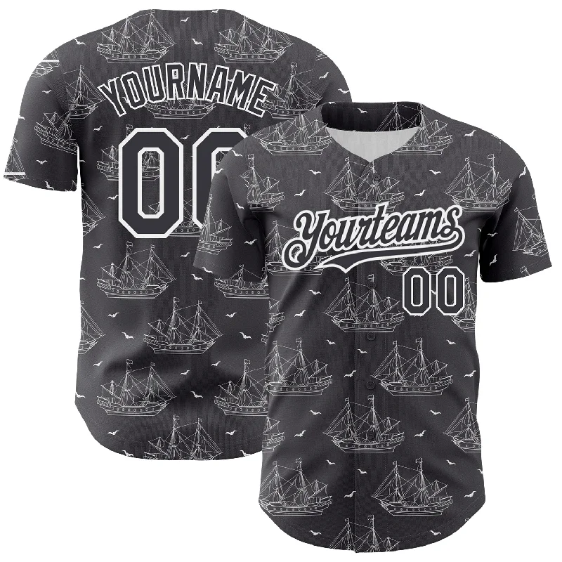 Baseball Style Jersey-Custom Steel Gray White 3D Pattern Design Ship Frigate With Seagulls Authentic Baseball Jersey