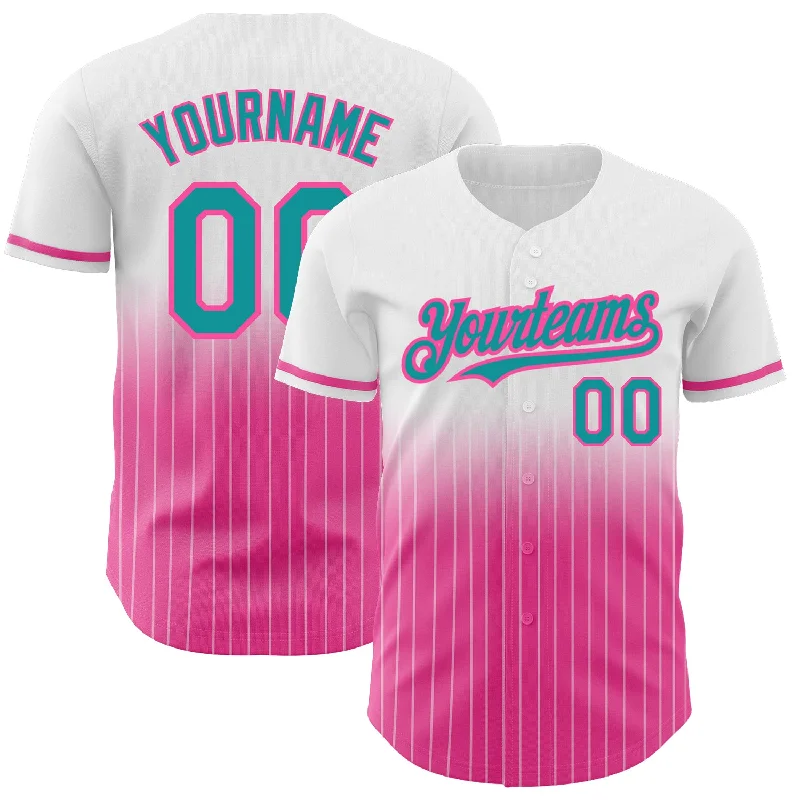 Youth Baseball Jersey-Custom White Pinstripe Teal-Pink Authentic Fade Fashion Baseball Jersey