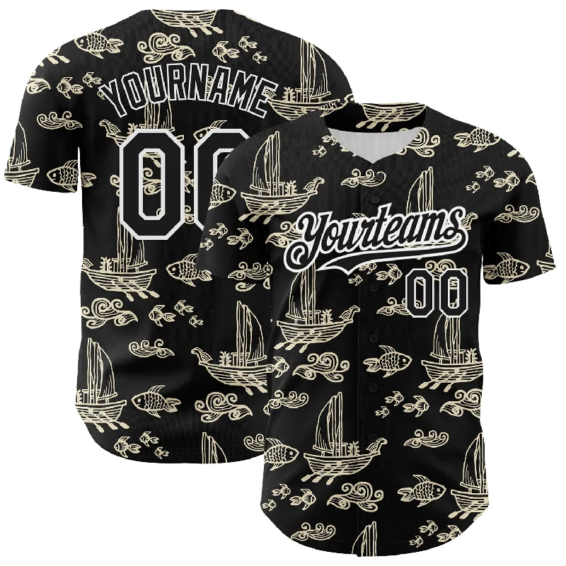 Baseball Collector’s Item Jersey-Custom Black White 3D Pattern Design Boats And Fish Authentic Baseball Jersey