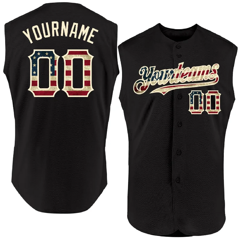 Stretchable Baseball Jersey-Custom Black Vintage USA Flag-Cream Authentic Sleeveless Baseball Jersey