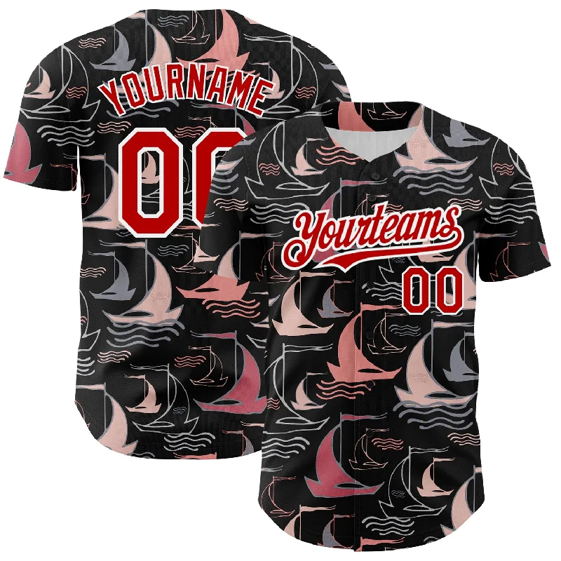 Pro Athlete Baseball Jersey-Custom Black Red-White 3D Pattern Design Sailing Boats Authentic Baseball Jersey