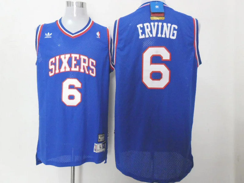 Classic Fit Basketball Jersey-76ers 6 Erving Blue Hardwood Classics Basketball Jerseys