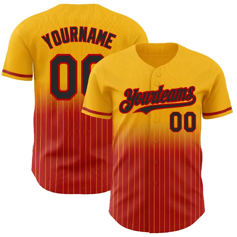 Custom Number Baseball Jersey-Custom Gold Pinstripe Black-Red Authentic Fade Fashion Baseball Jersey