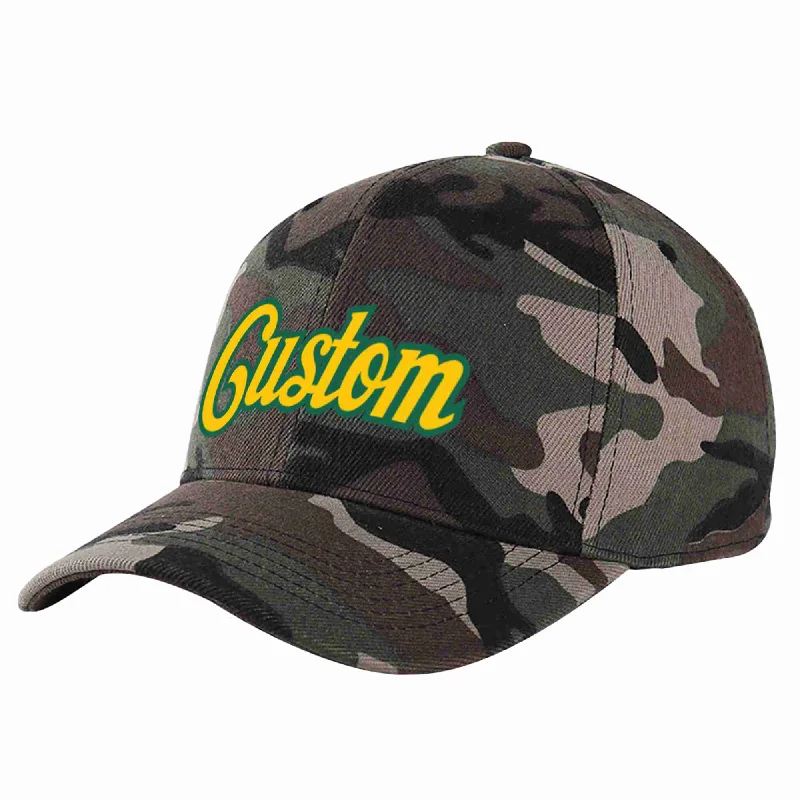 Alumni Baseball Cap-Custom Camo Gold-Kelly Green Curved Eaves Sport Baseball Cap Design for Men/Women/Youth