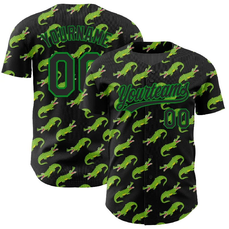 Pastel Baseball Jersey-Custom Black Grass Green 3D Pattern Design Crocodile Authentic Baseball Jersey