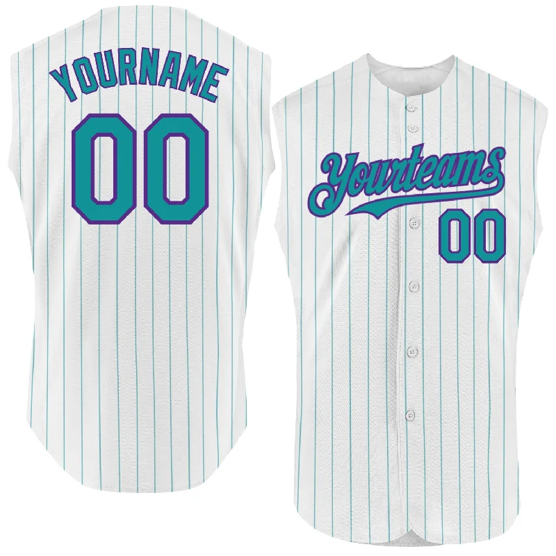 Comeback Baseball Jersey-Custom White Teal Pinstripe Orange Authentic Sleeveless Baseball Jersey