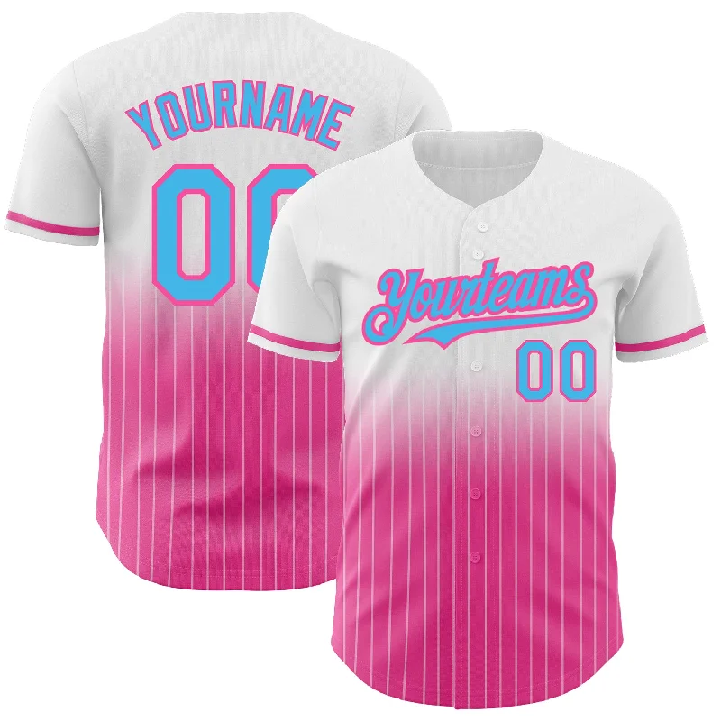 Team Baseball Jersey-Custom White Pinstripe Sky Blue-Pink Authentic Fade Fashion Baseball Jersey