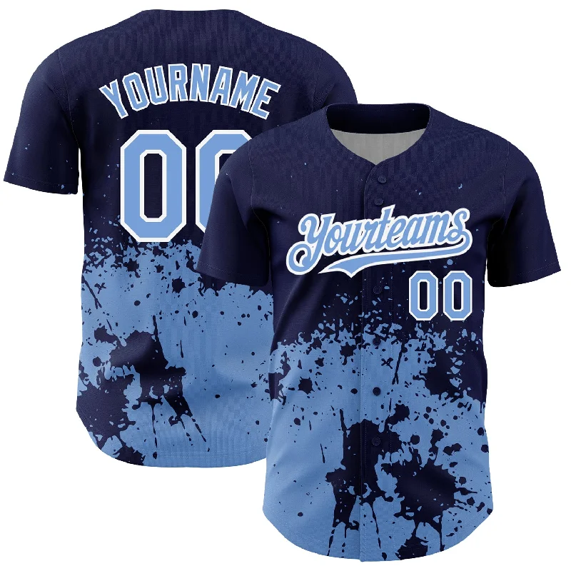 Championship Baseball Jersey-Custom Navy Light Blue-White 3D Pattern Design Abstract Splash Grunge Art Authentic Baseball Jersey