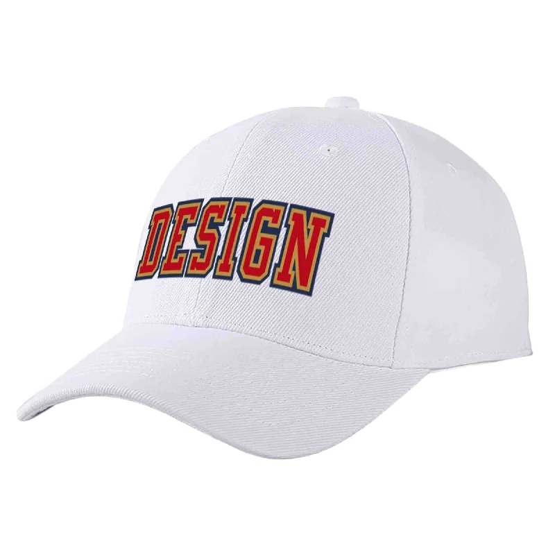 Backpacking Baseball Cap-Custom White Red-Old Gold Curved Eaves Sport Design Baseball Cap