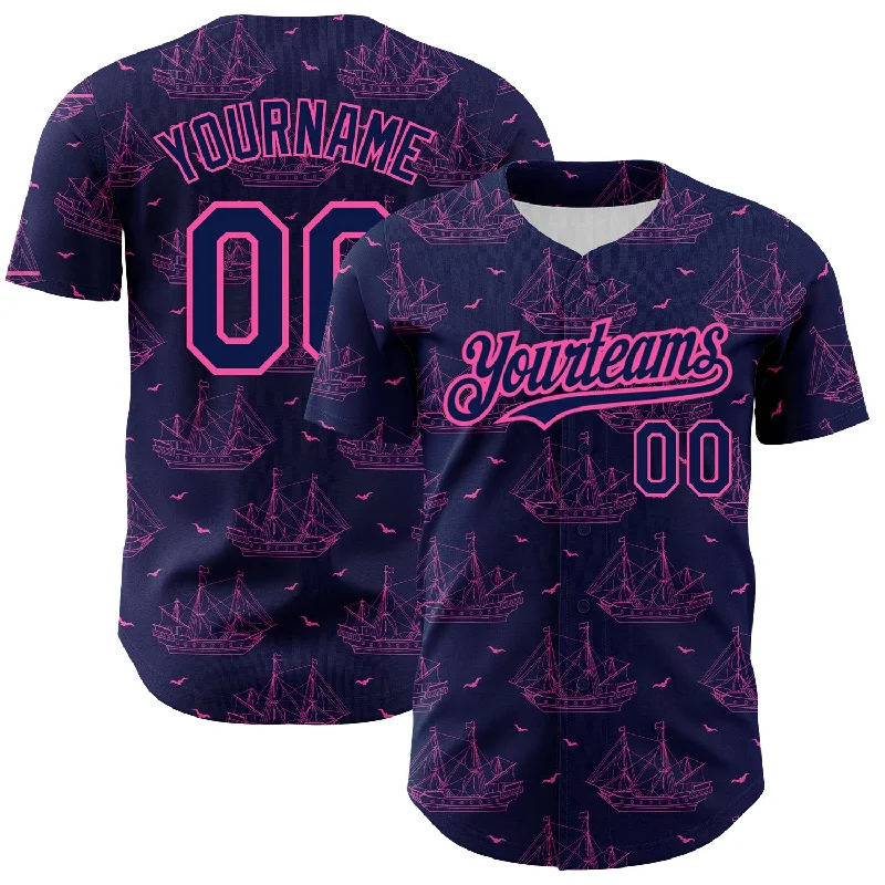 Relaxed Fit Baseball Jersey-Custom Navy Pink 3D Pattern Design Ship Frigate With Seagulls Authentic Baseball Jersey