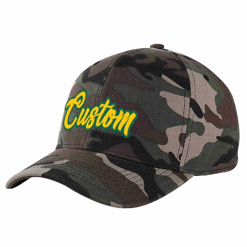 Curved Brim Baseball Cap-Custom Camo Gold-Kelly Green Curved Eaves Sport Baseball Cap Design for Men/Women/Youth