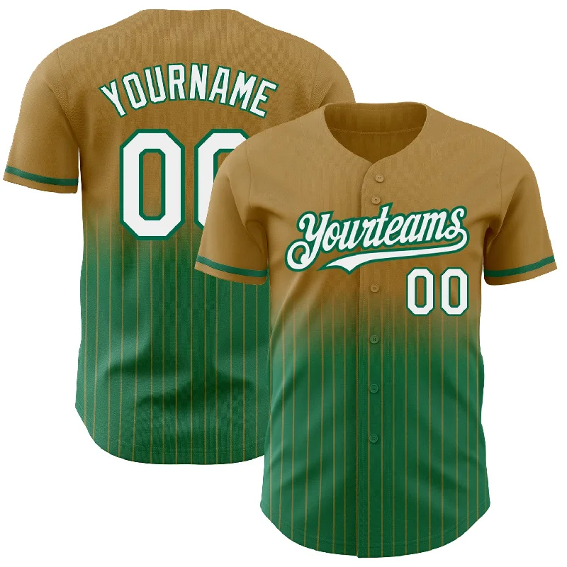 Casual Baseball Jersey-Custom Old Gold Pinstripe White-Kelly Green Authentic Fade Fashion Baseball Jersey