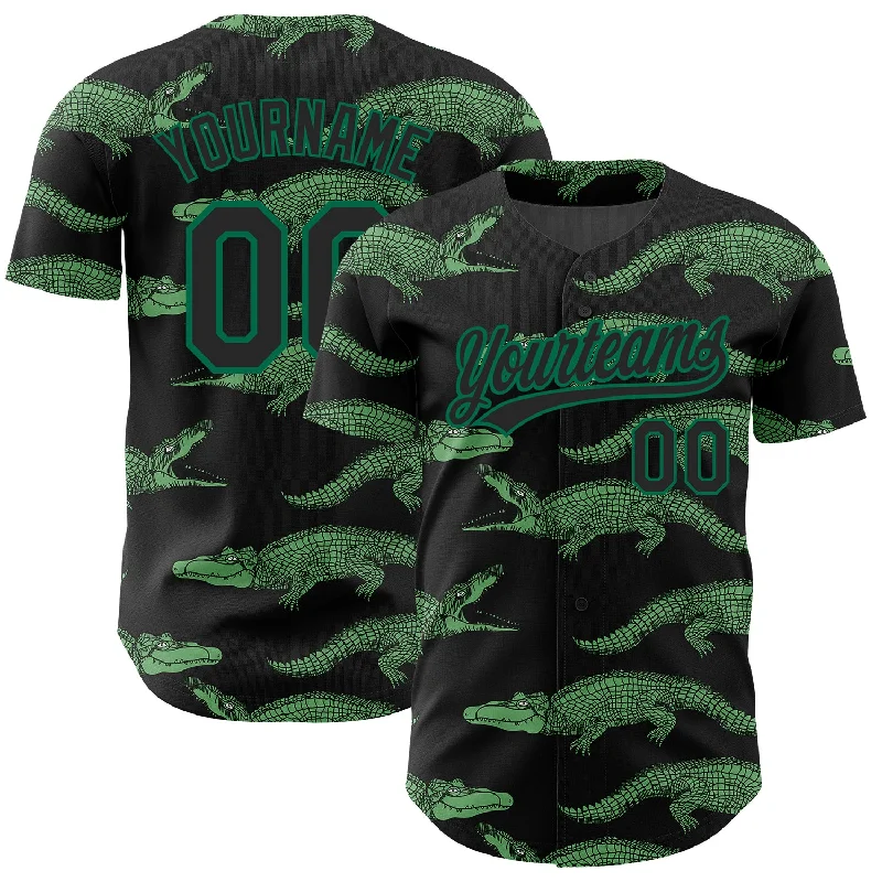 Bright Color Baseball Jersey-Custom Black Kelly Green 3D Pattern Design Crocodile Authentic Baseball Jersey