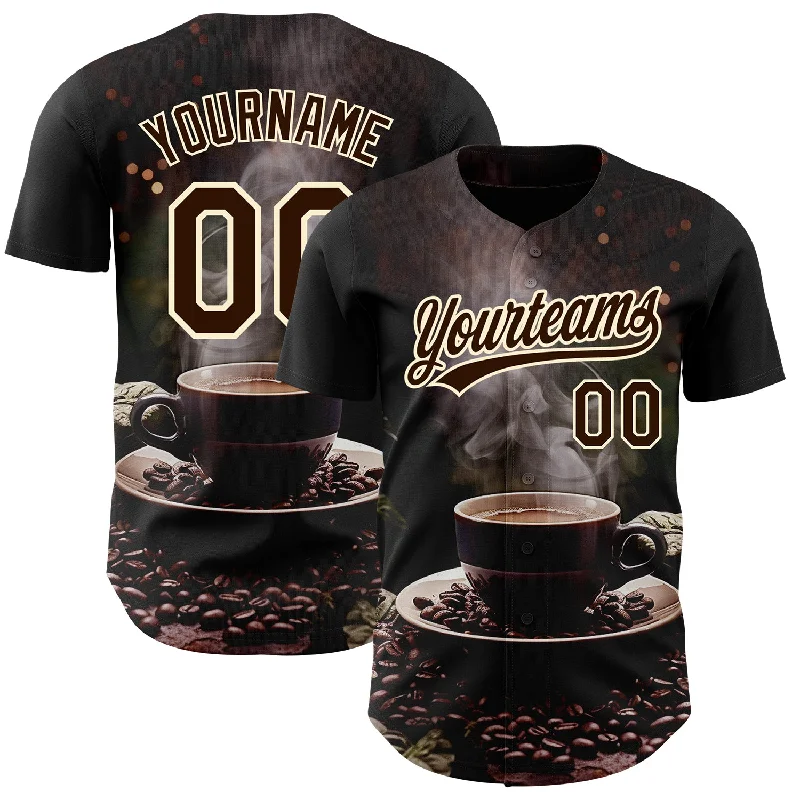 Striped Baseball Jersey-Custom Black Brown Cream 3D Pattern Design International Coffee Day Authentic Baseball Jersey