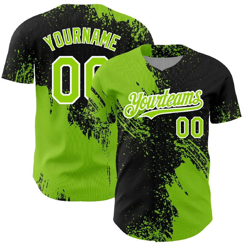 Moisture-Wicking Baseball Jersey-Custom Black Neon Green-White 3D Pattern Design Abstract Brush Stroke Authentic Baseball Jersey