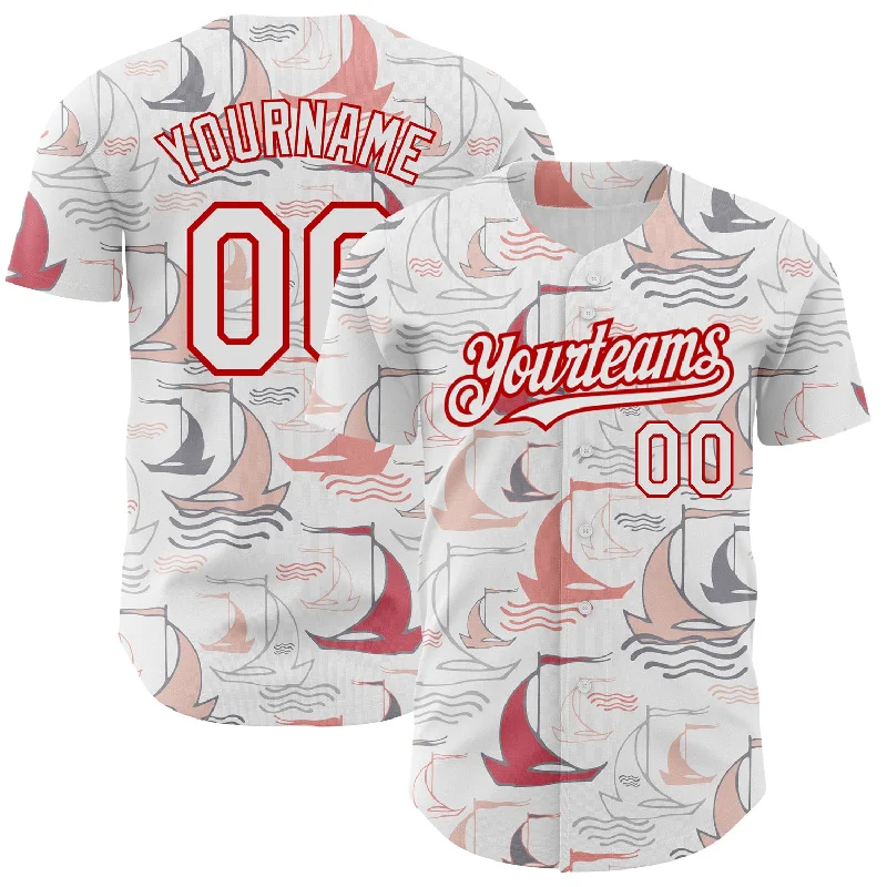 Fan Edition Baseball Jersey-Custom White Red 3D Pattern Design Sailing Boats Authentic Baseball Jersey