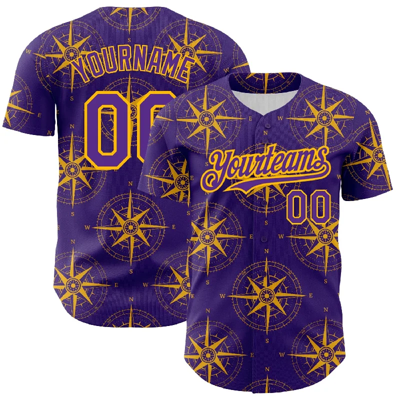 Baseball Franchise Jersey-Custom Purple Gold 3D Pattern Design Navigation Compass Authentic Baseball Jersey