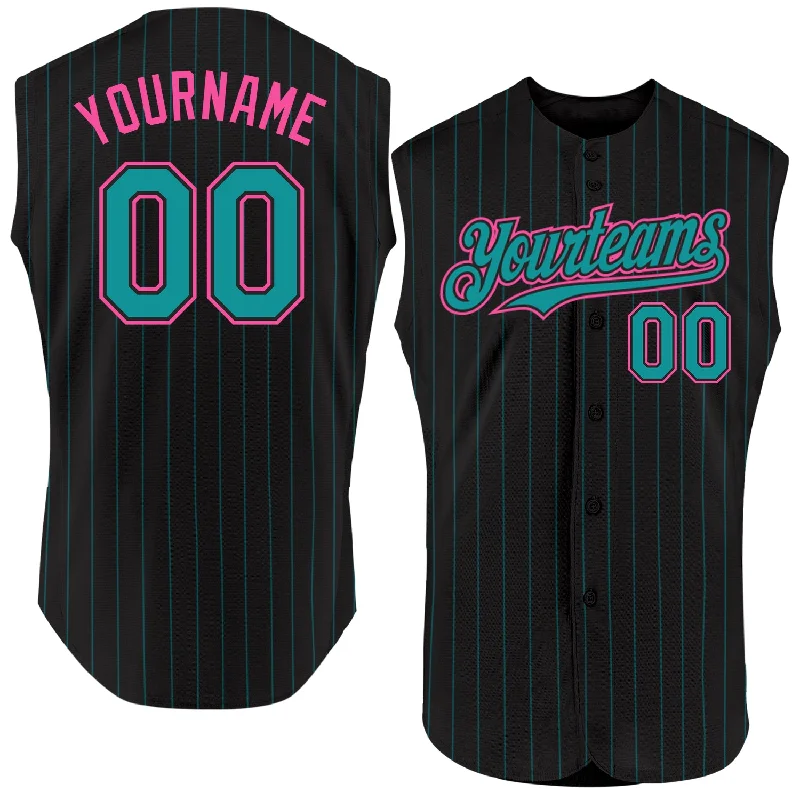 Baseball Enthusiast Jersey-Custom Black Teal Pinstripe Pink Authentic Sleeveless Baseball Jersey