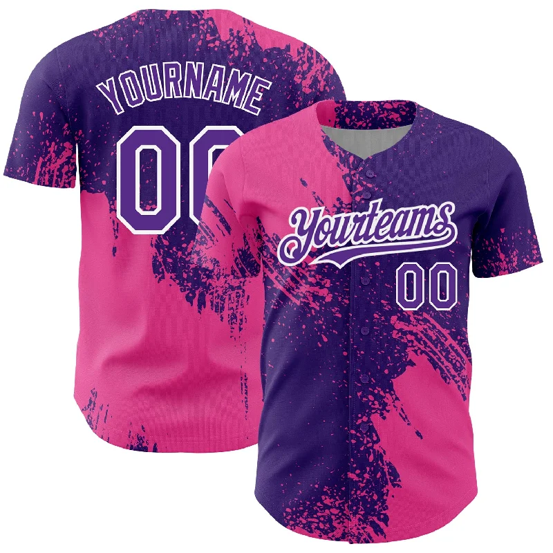 Embroidered Baseball Jersey-Custom Purple Pink-White 3D Pattern Design Abstract Brush Stroke Authentic Baseball Jersey