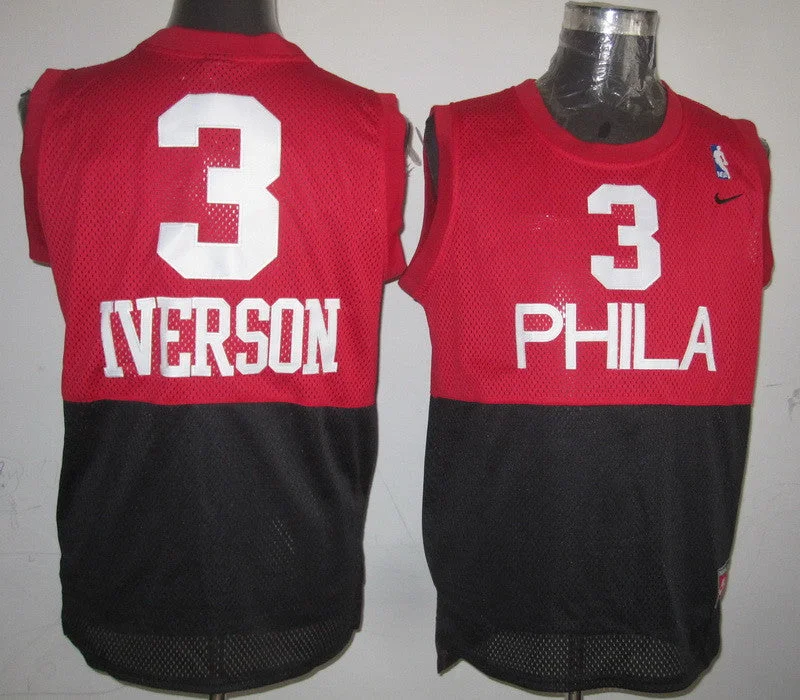 Button-Up Basketball Jersey-76ers 3 Allen Iverson 95 Swingman Red black Basketball Jerseys