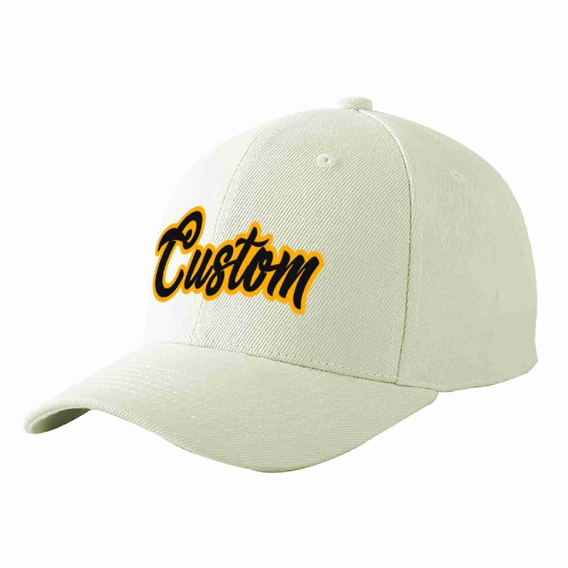 Football Baseball Cap-Custom Cream Black-Yellow Curved Eaves Sport Baseball Cap Design for Men/Women/Youth