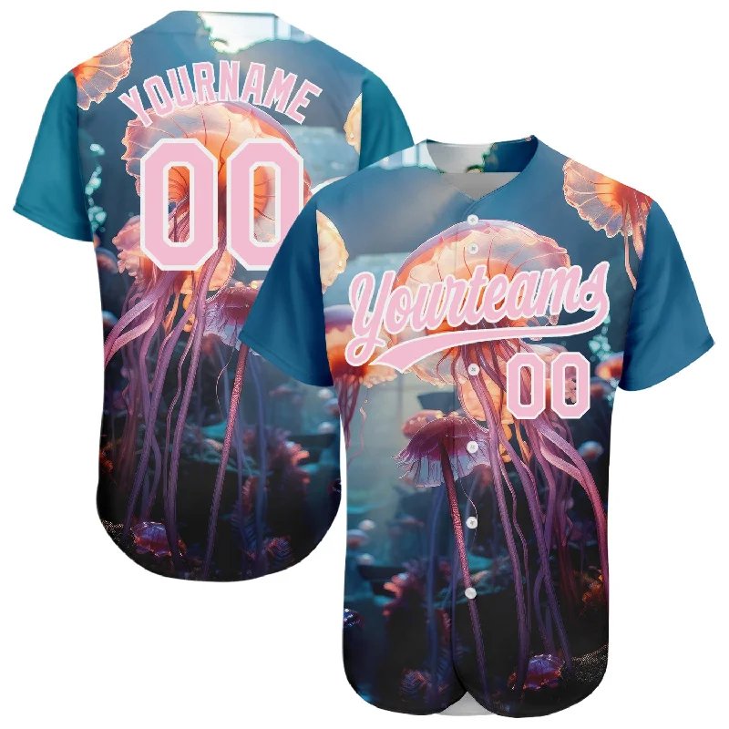 Royal Blue Baseball Jersey-Custom Navy Light Pink-White 3D Pattern Design Jellyfish Floating In The Ocean Authentic Baseball Jersey