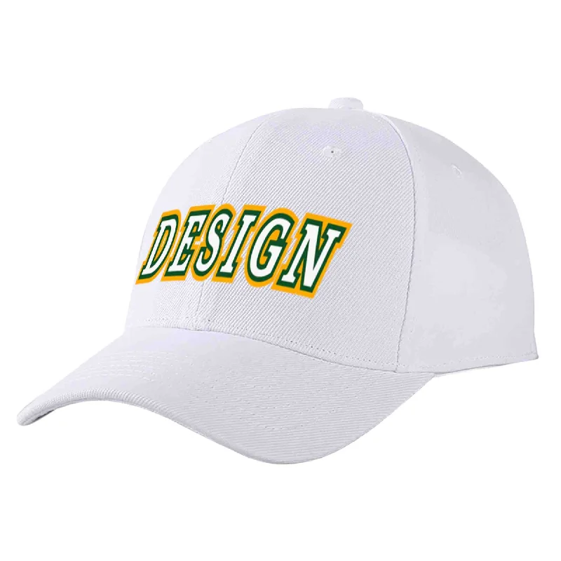 Team Baseball Cap-Custom White White-Kelly Green Curved Eaves Sport Design Baseball Cap